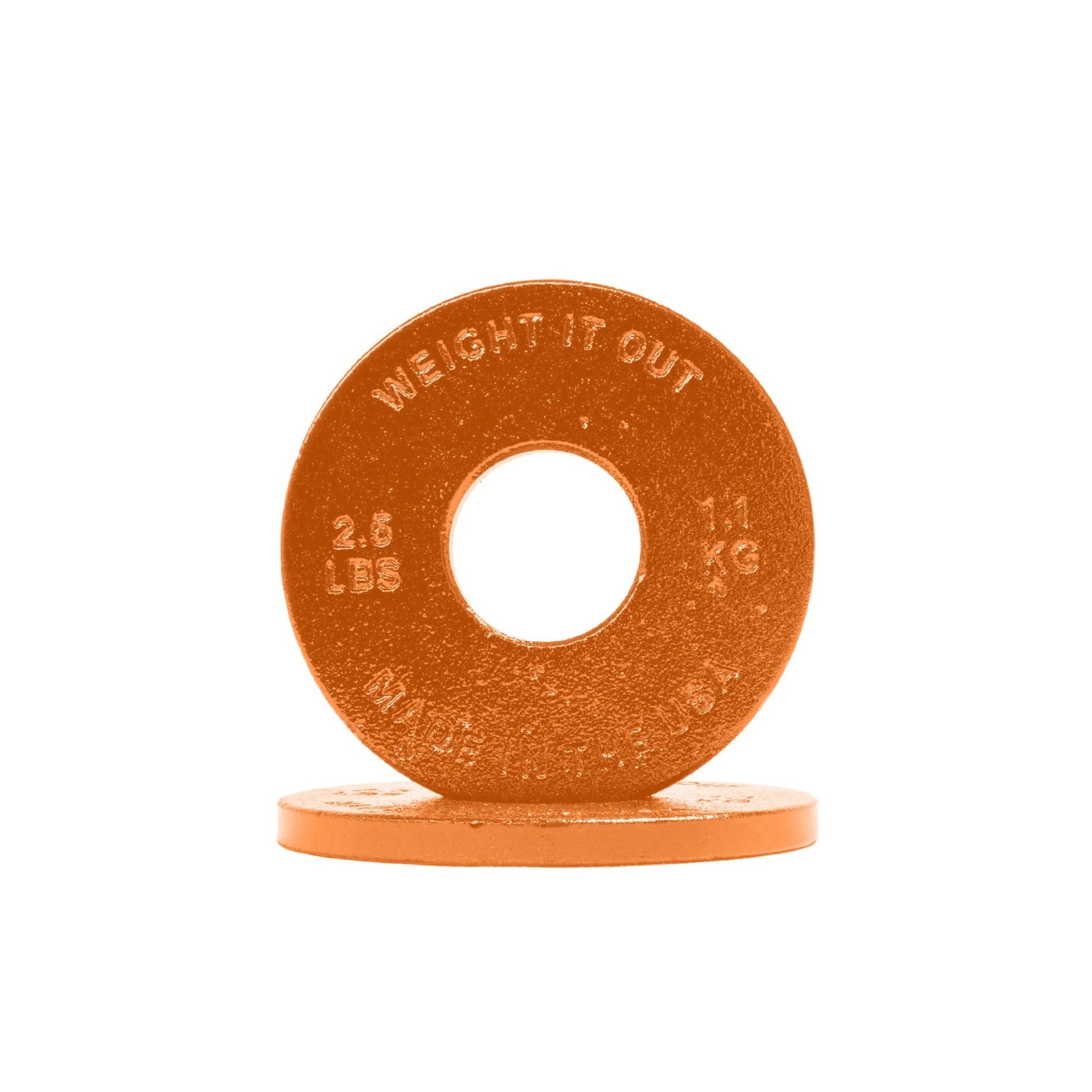 Cast Iron Machined Weight Plate Pairs - front view of 1.1 kg (orange finish)