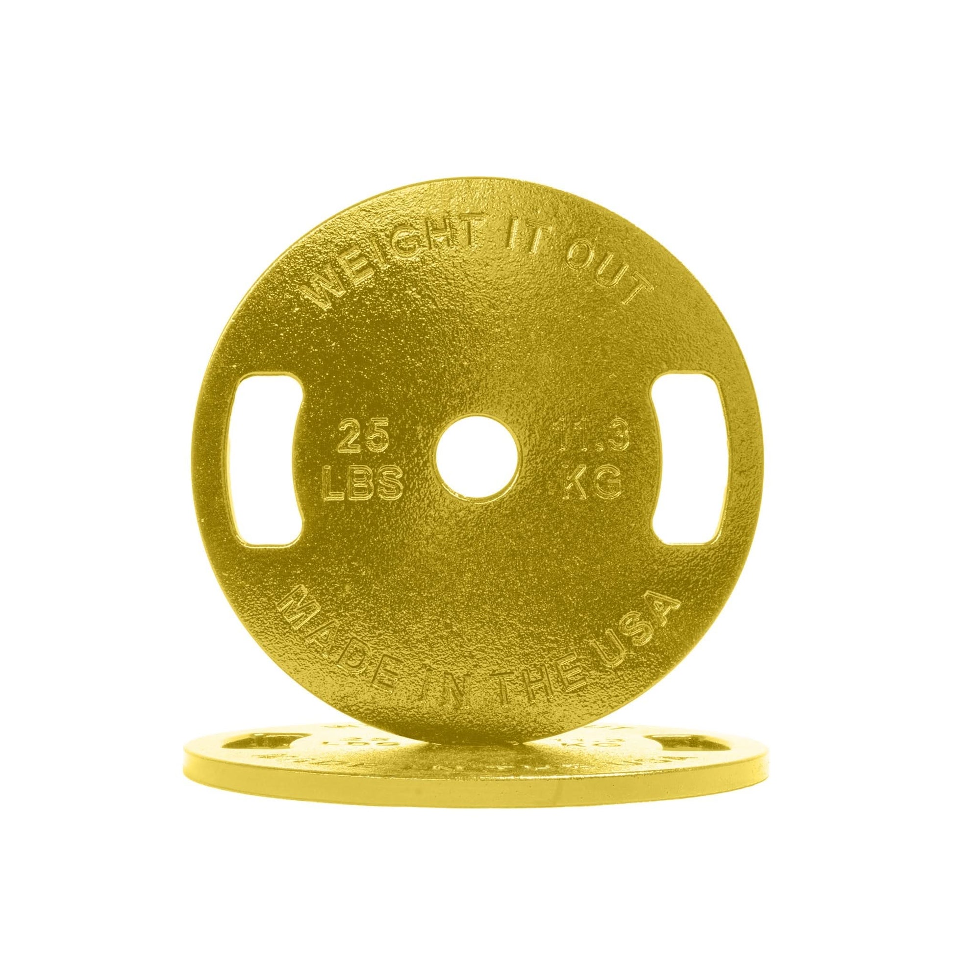 Cast Iron Machined Weight Plate Pairs - front view of 11.3 kg (yellow finish)