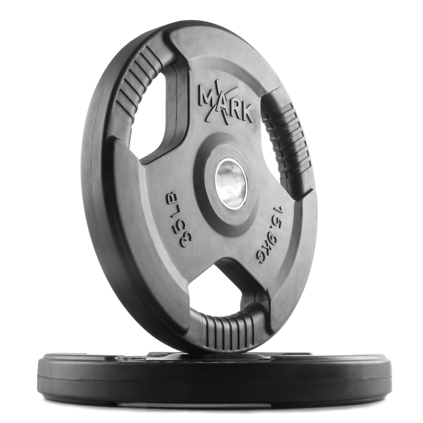 XMARK Tri-Grip Olympic weight plate, 25 lb, showcasing ergonomic design and durable construction for strength training.