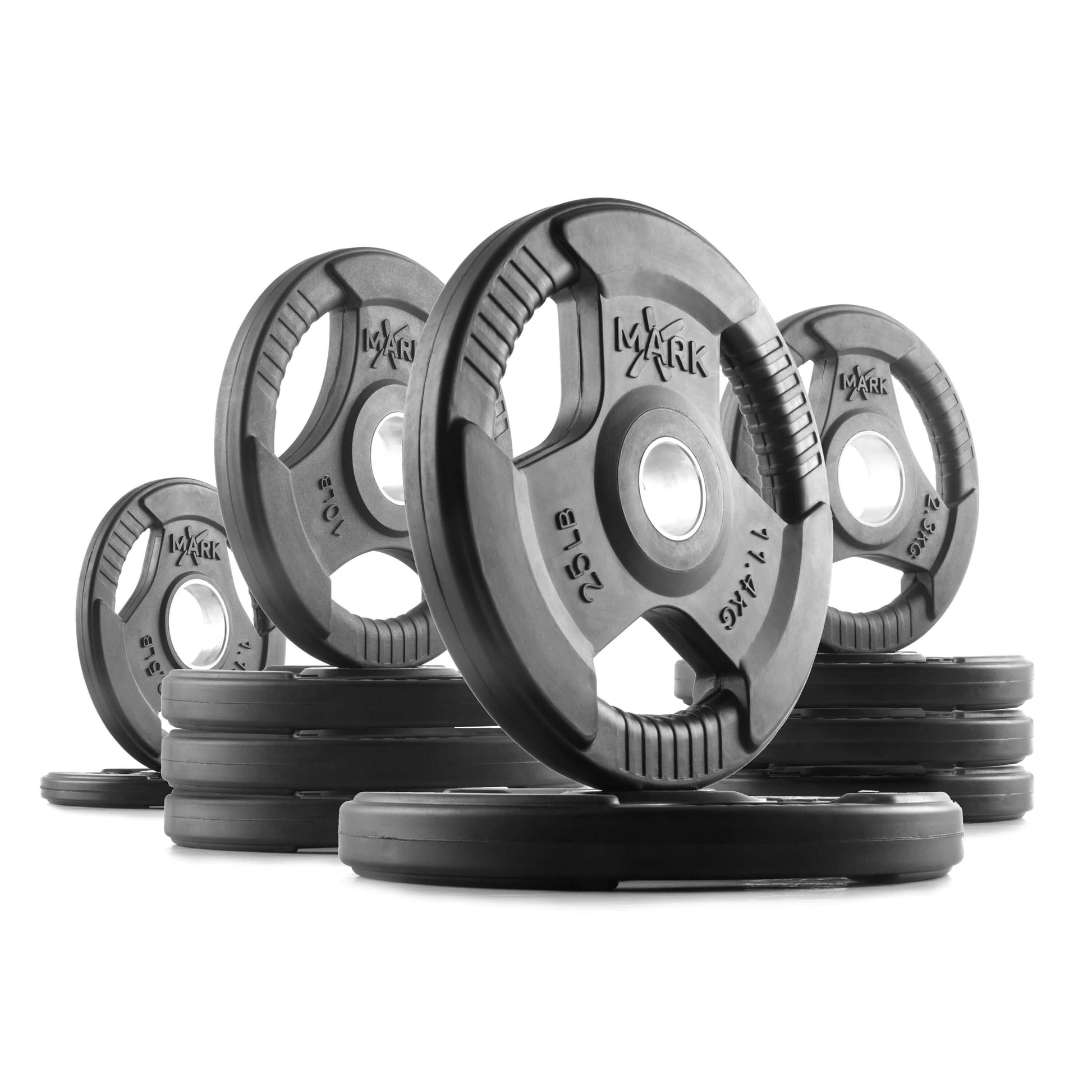 Tri-Grip Olympic weight plates stacked for strength training, showcasing durable design and assorted weights.