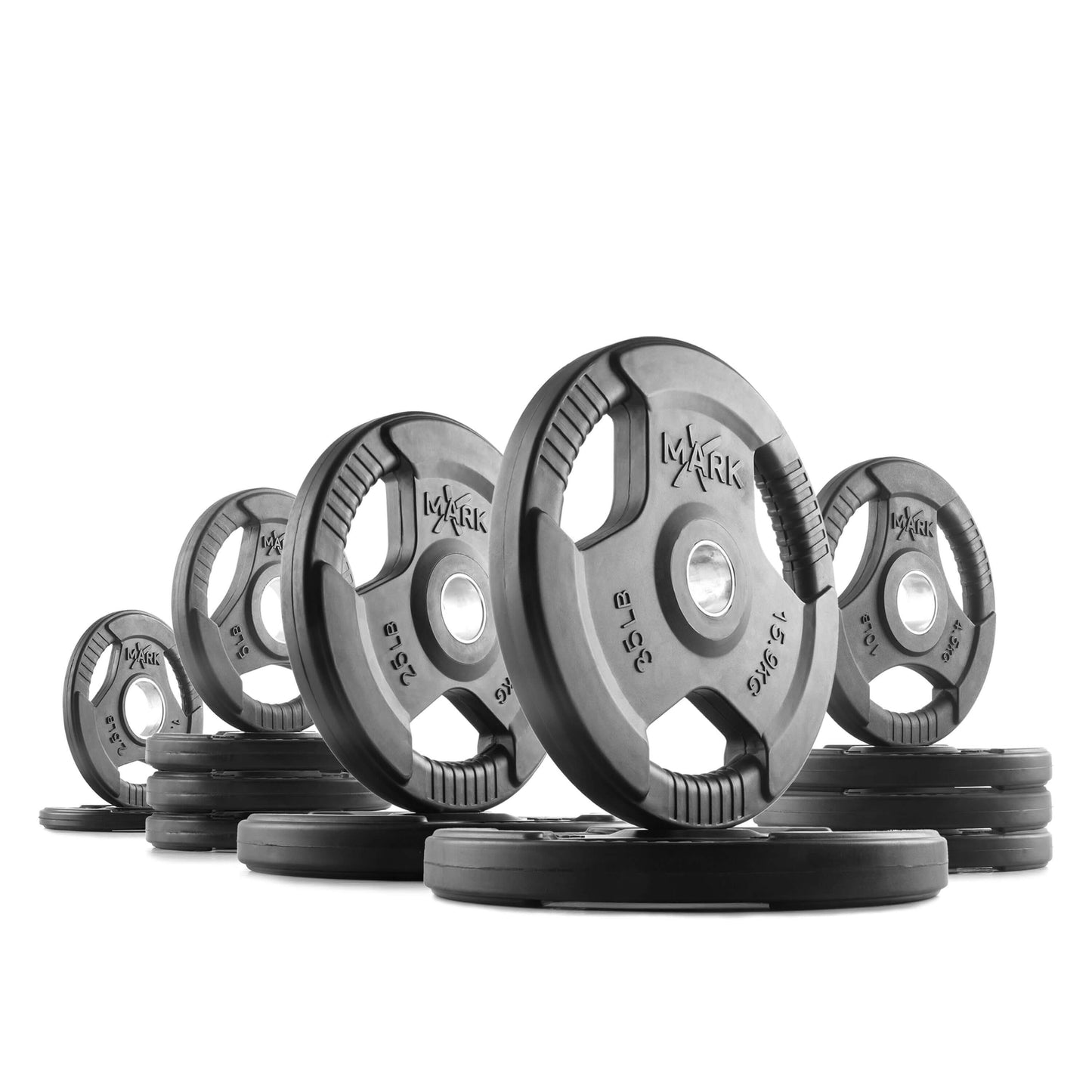 XMARK Tri-Grip Olympic Weight Plates in varying sizes, designed for strength training and durable performance.