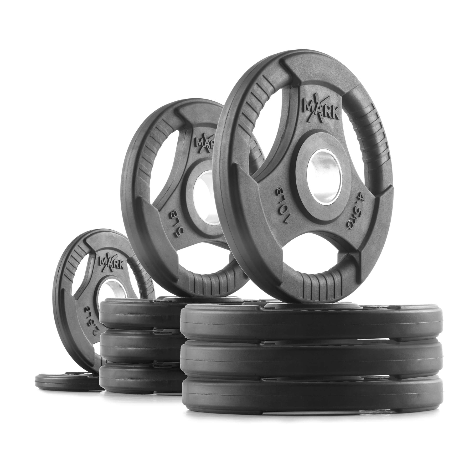 XMARK Tri-Grip Olympic weight plates stacked, featuring 10 lb, 5 lb, and 2.5 lb variations for strength training.
