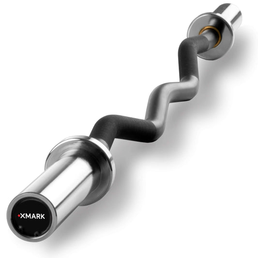 EZ Curl Bar with 28 mm grip, designed for comfort in curls, featuring chrome sleeves and multi-purpose use.