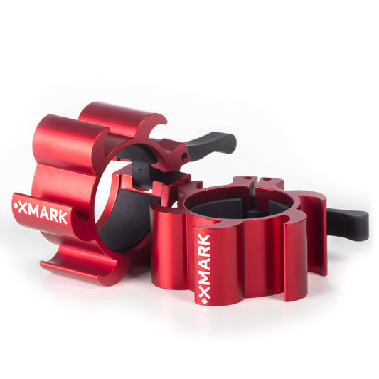 Red aluminum Olympic barbell collars with quick-release design for easy plate changes.