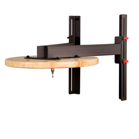Wall mounted speed bag platform with hardwood surface and robust steel frame, ideal for MMA and boxing training.