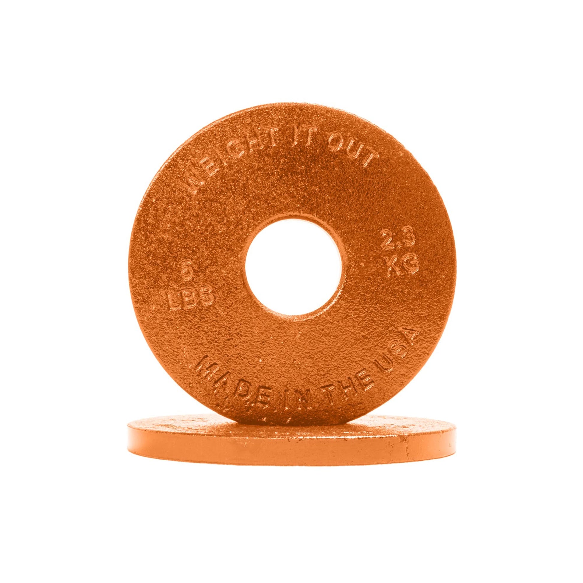 Cast Iron Machined Weight Plate Pairs - front view of 2.3 kg (orange finish)