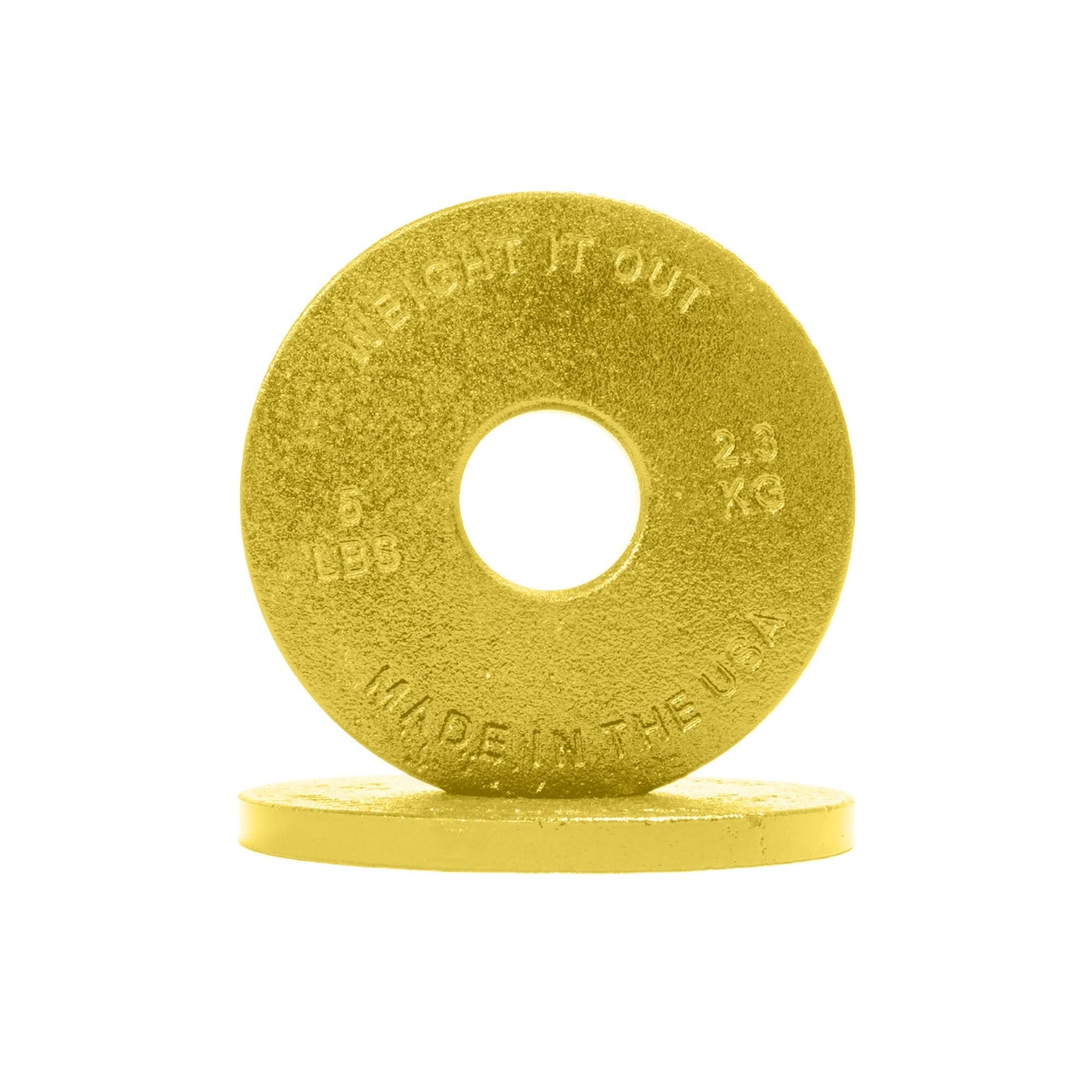 Cast Iron Machined Weight Plate Pairs - front view of 2.3 kg (yellow finish)