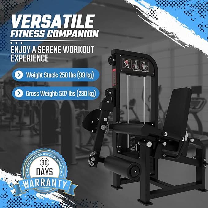 SFE Commercial Leg Extension Prone Leg Curl Combo w/250lb Weight Stack - perspective view with warranty label