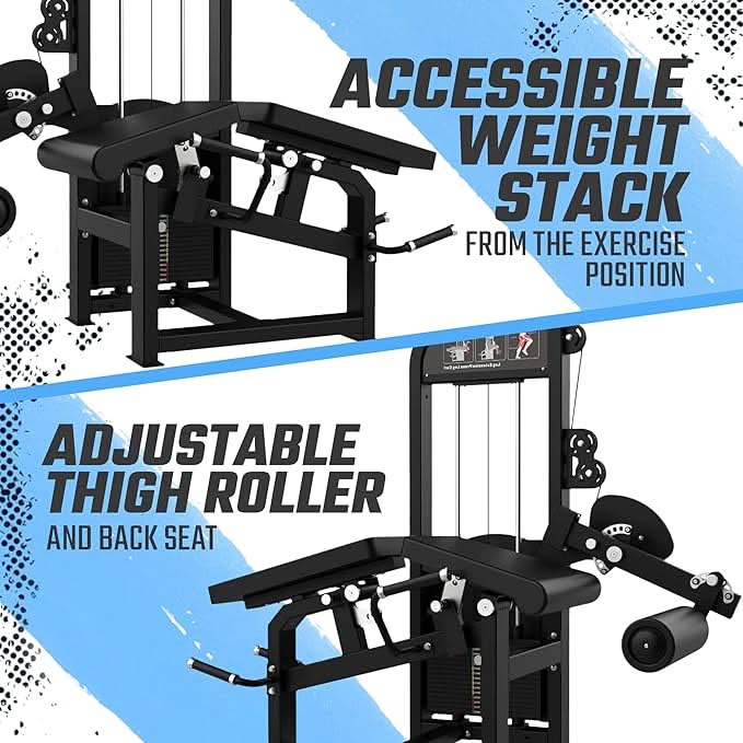 SFE Commercial Leg Extension Prone Leg Curl Combo w/250lb Weight Stack - close up view with machine adjustments