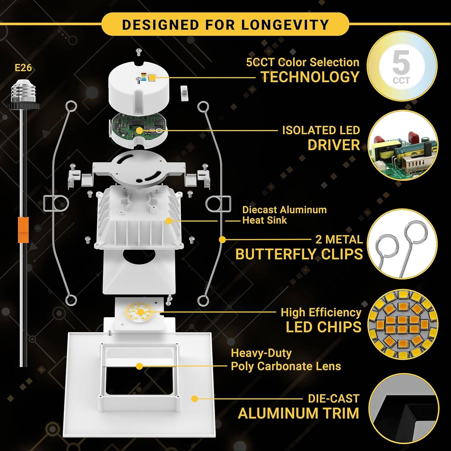 6 Inch Square LED Recessed Light, 10W, Selectable CCT, 1,100 Lumens, 120 VAC