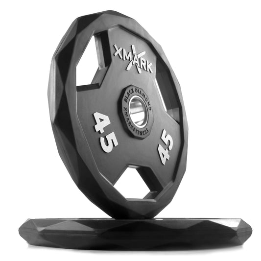 Black Diamond® Olympic weight plate, 45 lbs, unique hex design, solid cast iron with rubber encasing for durability.