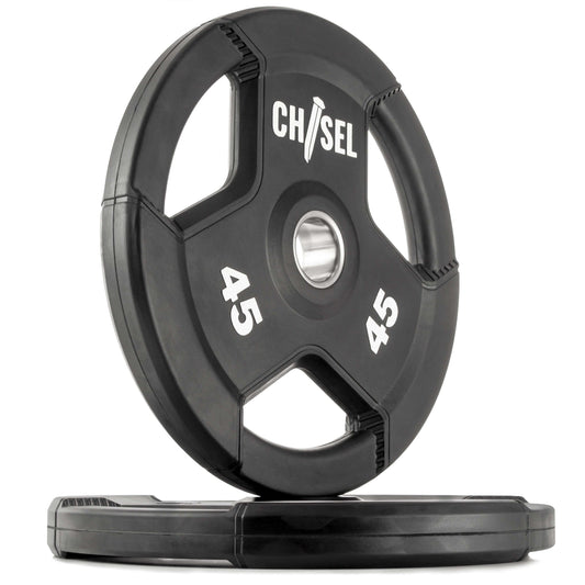 Chisel Olympic weight plates with tri-grip handles, displaying a sleek design and rubber encasing for durability.