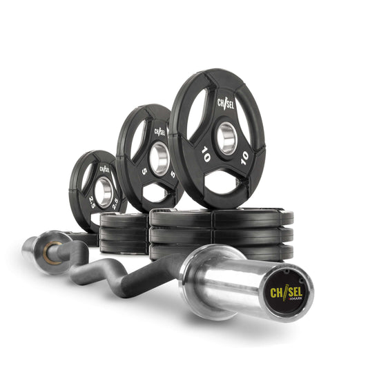 Chisel Olympic weight plates and curl barbell set, featuring various weights for customizable strength training.