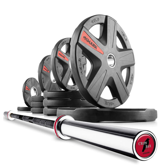 Texas Star Olympic weight plates stacked next to a shiny Olympic barbell, ideal for strength training.