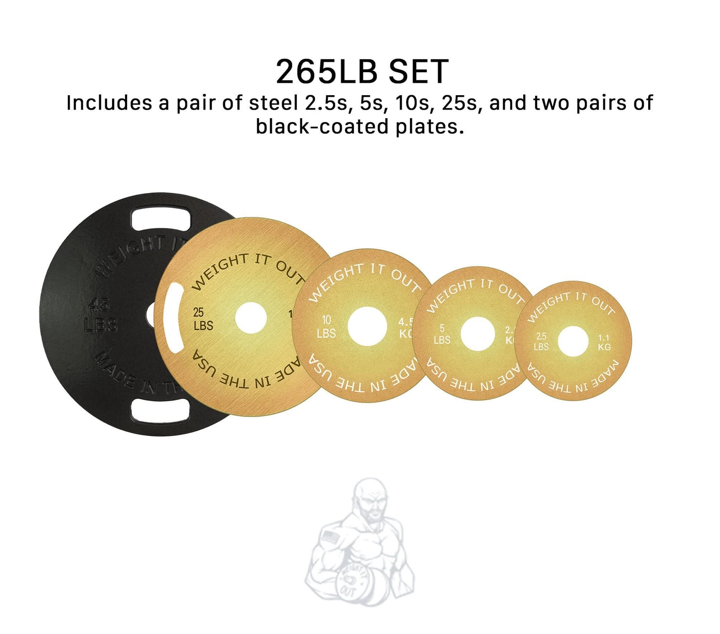 Cast Iron Machined 45lb And Calibrated Solid Steel Weight Plate Sets - front view layout with description (gold or black-coated, 265lb set)