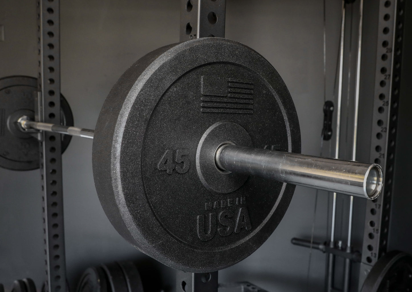 USA Bumper Plate Set - perspective view on a barbell (45 lbs)