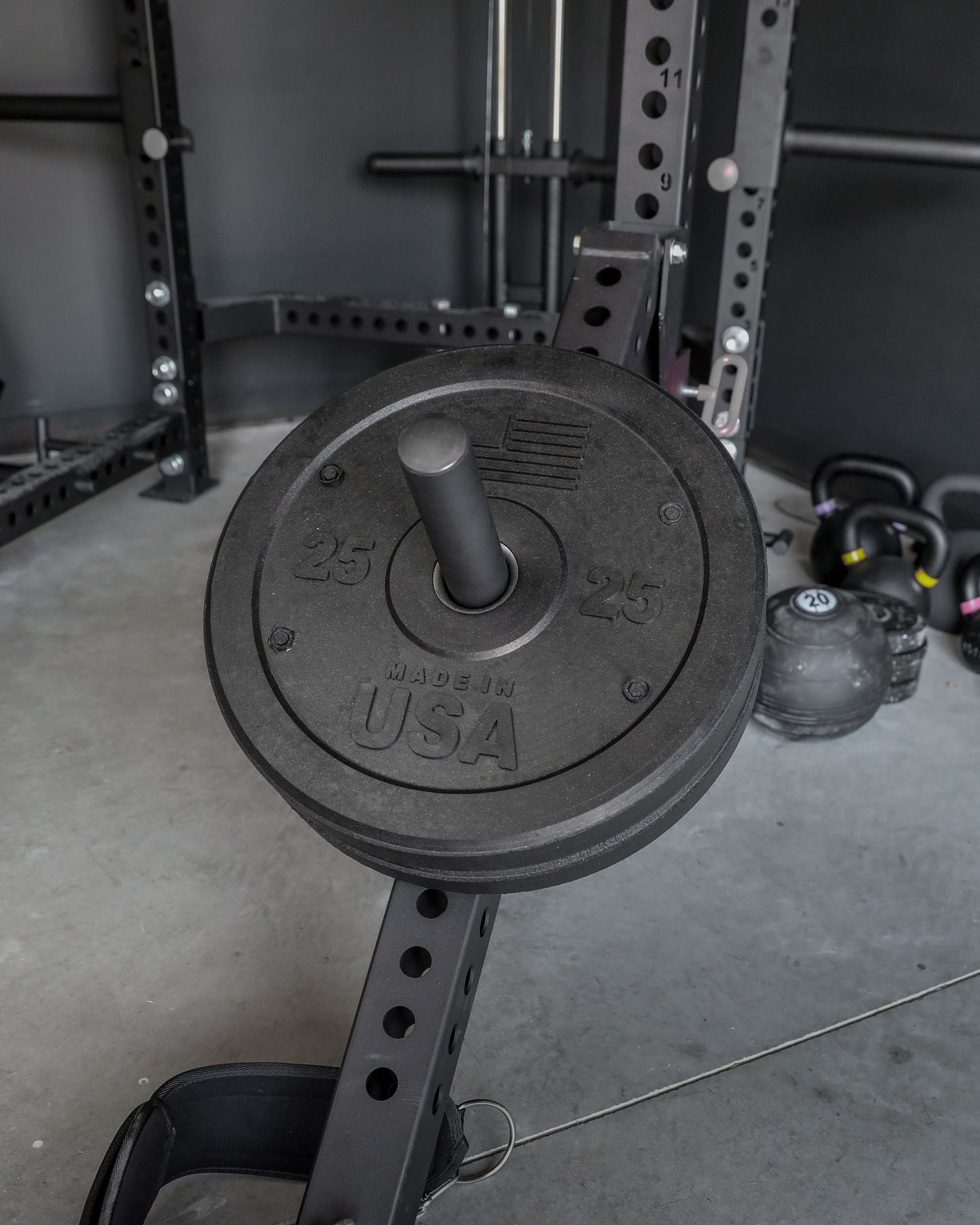 USA Bumper Plate Set - top view with plates loaded on a rack