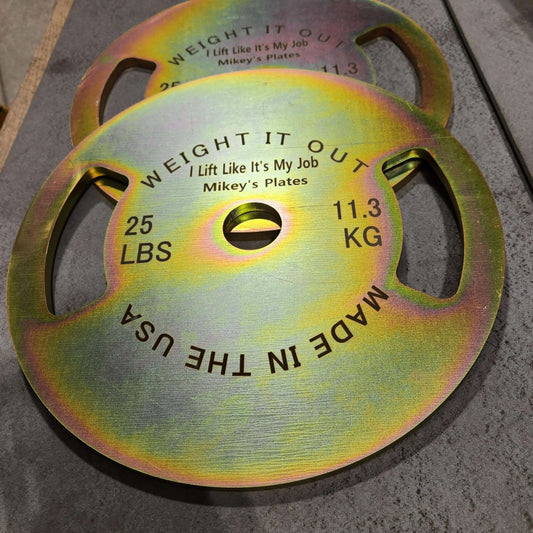 Custom Engraved Solid Steel Calibrated Weight Plate Pairs - close up view of plate design