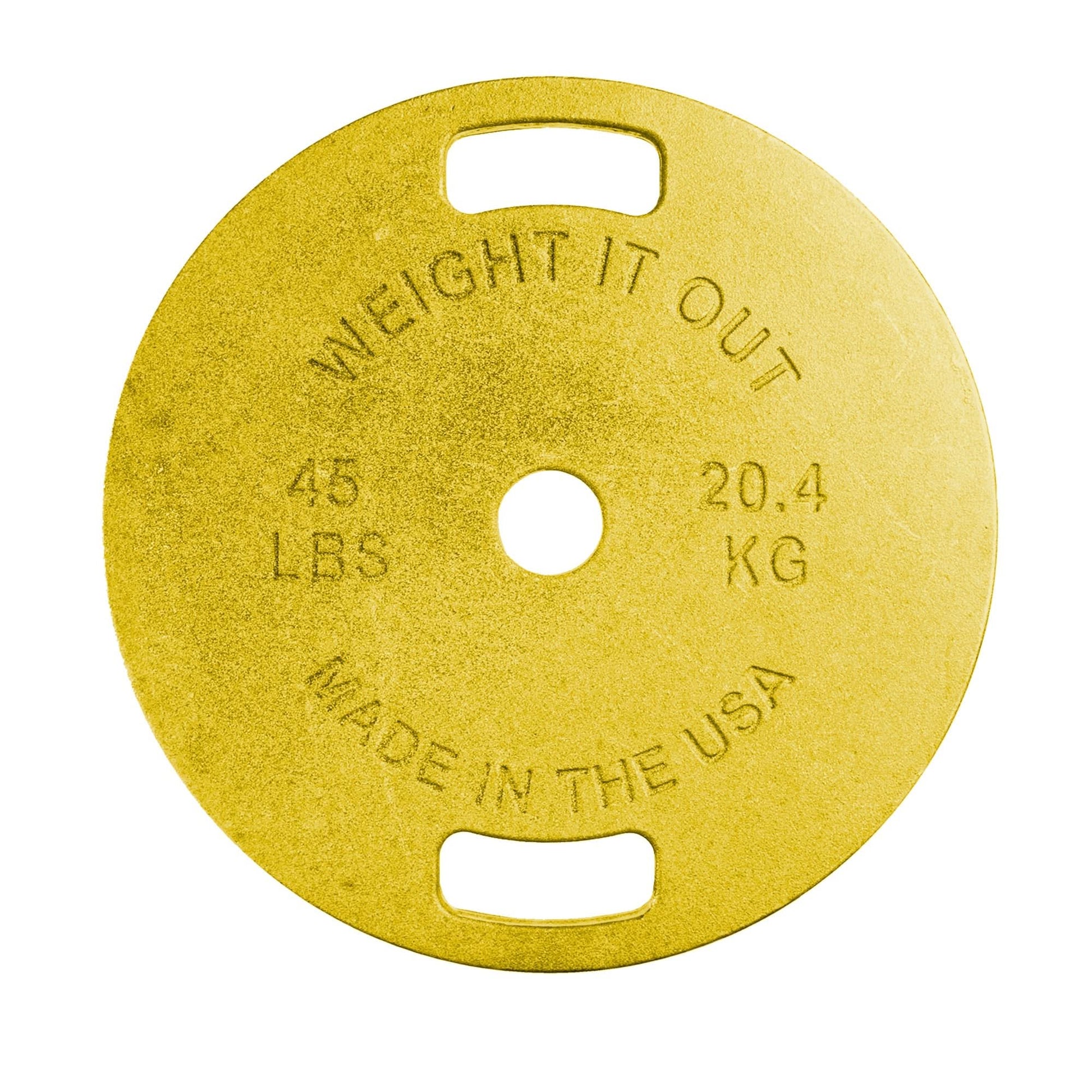 Cast Iron Machined Weight Plate Pairs - front view of 20.4 kg (yellow finish)