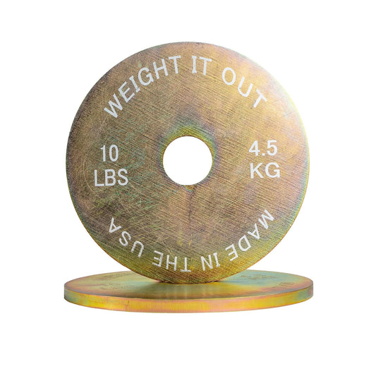 Cast Iron Machined 45lb And Calibrated Solid Steel Weight Plate Sets - front view (10 lbs, gold finish)