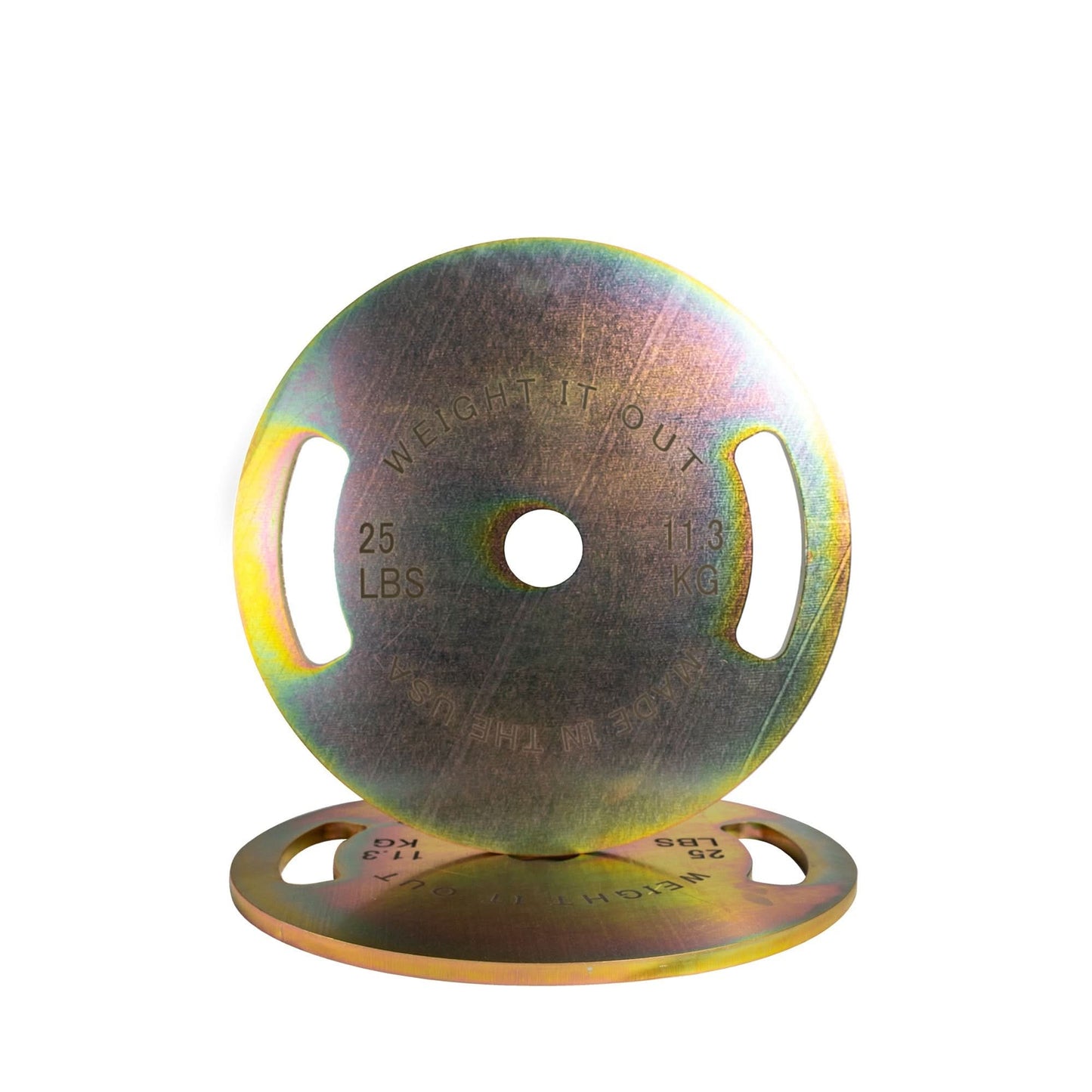Cast Iron Machined 45lb And Calibrated Solid Steel Weight Plate Sets - front view (gold finish)