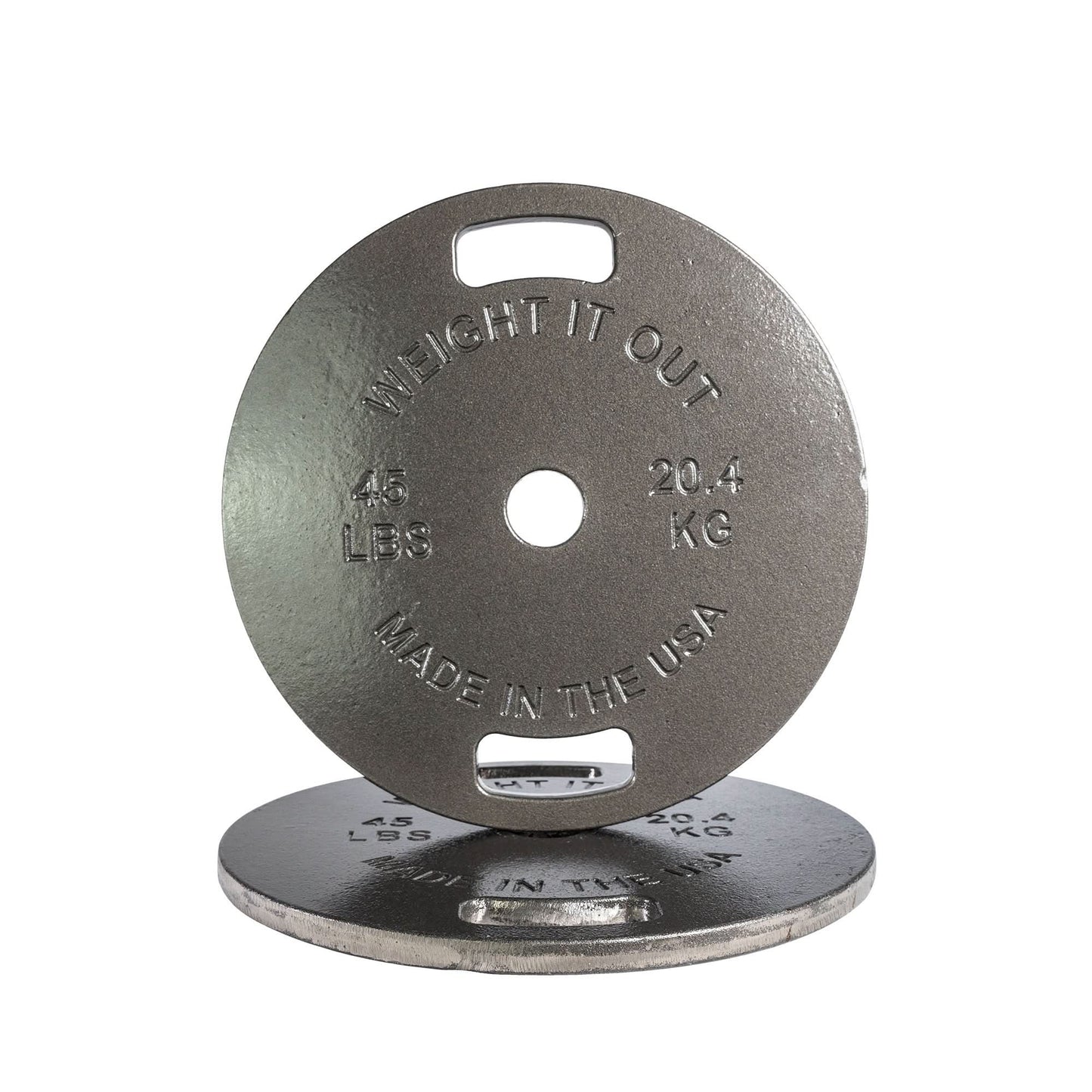 Cast Iron Machined 45lb And Calibrated Solid Steel Weight Plate Sets - front view (silver finish)