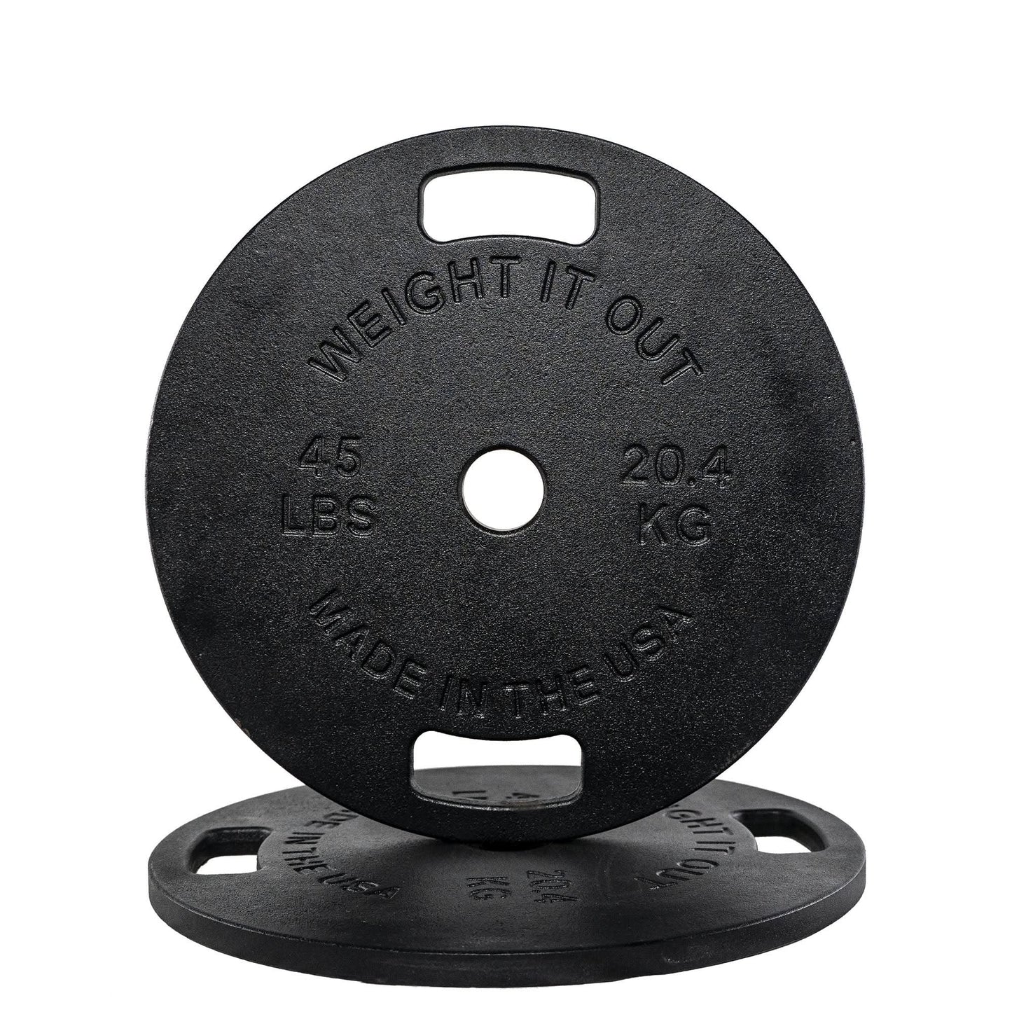 Cast Iron Machined 45lb And Calibrated Solid Steel Weight Plate Sets - front view (black finish)