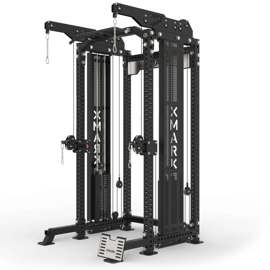 Commercial half rack functional trainer with lat pulldown and low row from XMARK, featuring a durable steel frame and adjustable height.