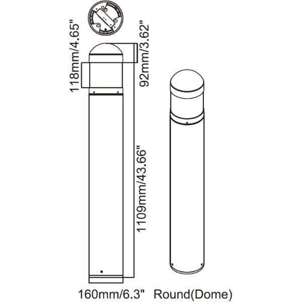 LED Bollard Light, Selectable 24W/19W/14W, CCT 3000K/4000K/5000K, 3,360 Lumens, 120-277 VAC, Round Pole Included