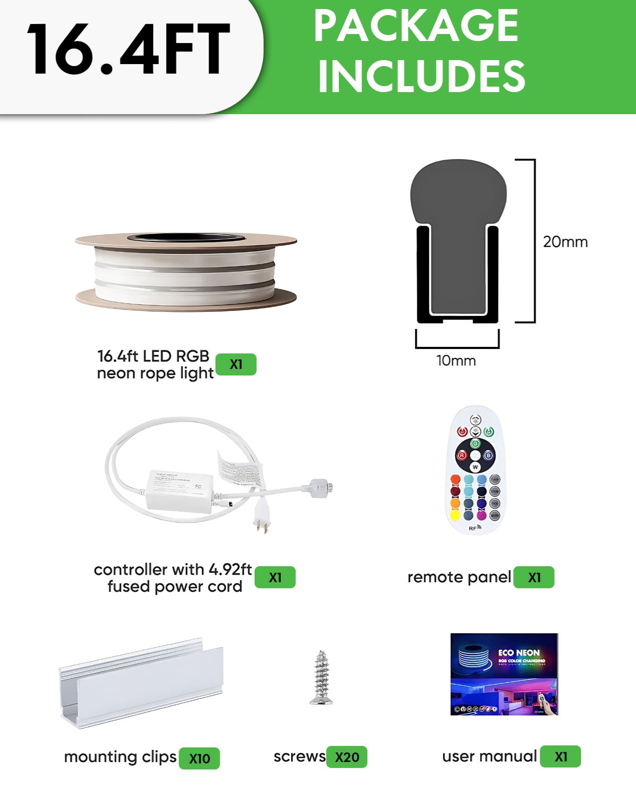 110V-120V RGBW 14 Color Changing LED Rope lights with controller - 10mmX20mm,Commercial Grade, IP65, 8.3Watts/M -Cuttable- Plug and Play and Hardwired