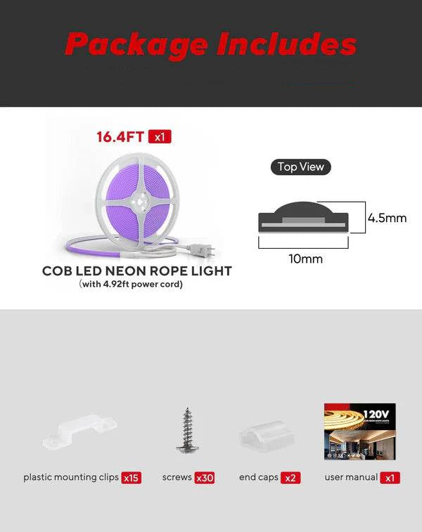 110-120V Purple COB Peel and Stick Tape Light (10mmx4.5mm),IP65, Cuttable, dimmable, flicker-free - Plug and Play and Could Be hardwired