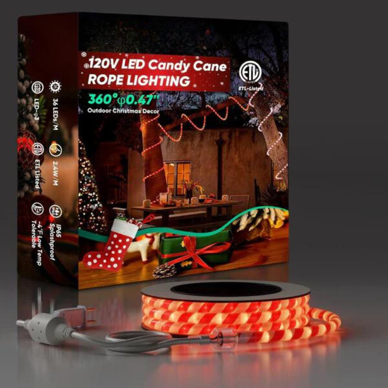 110-120V Candy Cane Rope Light(8mmx12mm) - 2800K Warm White, 360° Illumination, IP65, Cold-Resistant to -4℉, Connectable, Cuttable, Plug and play  ETL Listed