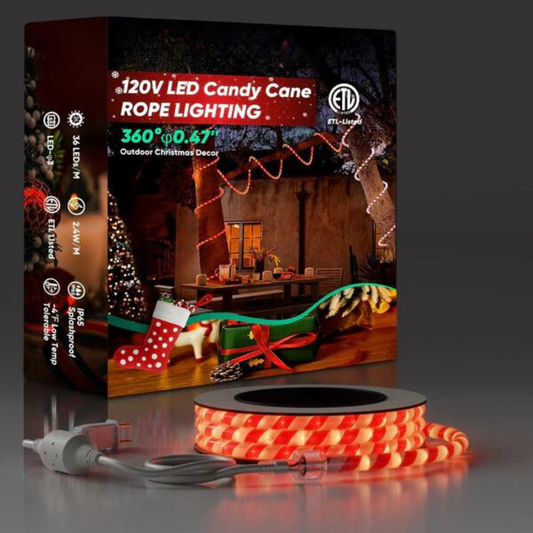 110-120V Candy Cane Rope Light(8mmx12mm) - 2800K Warm White, 360° Illumination, IP65, Cold-Resistant to -4℉, Connectable, Cuttable, Plug and play  ETL Listed