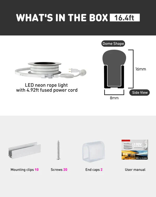 110V-120V Cool White (6000K) Neon LED Rope Light - 8mmX16mm,Commercial Grade, IP65, 189 LM/M -Cuttable, dimmable - Plug and Play and Hardwired