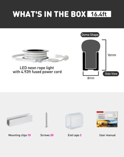 110V-120V Cool White (6000K) Neon LED Rope Light - 8mmX16mm,Commercial Grade, IP65, 189 LM/M -Cuttable, dimmable - Plug and Play and Hardwired