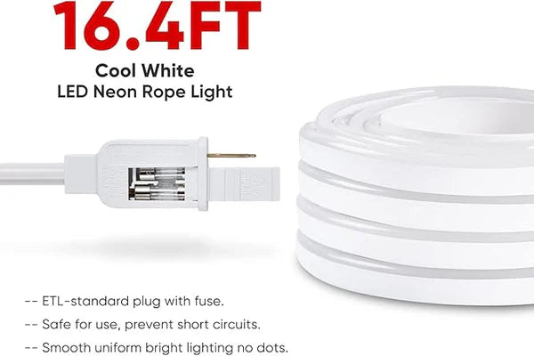 110V-120V Neutral White (4500K) Neon LED Rope Light - 8mmX16mm,Commercial Grade, IP65, 189Lm/meter -Cuttable, Dimmable- Plug and Play and Hardwire