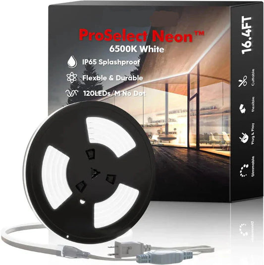 110-130V Cool White LED Neon Rope Light -6500K- 7mm x 14.5mm-7W/Meter and 220LM/W -Dimmable, Flexible, IP65 Waterproof, Cuttable for Home & Commercial Use