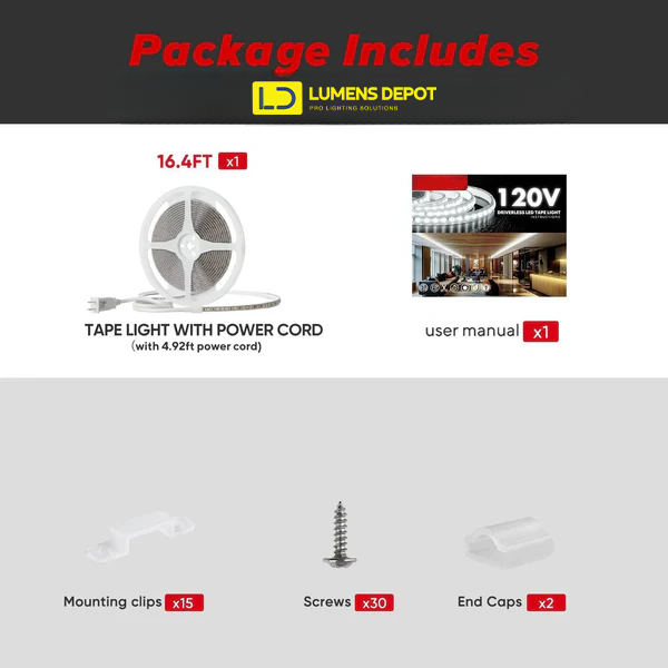 110V COB LED Strip Light with Adhesive Backing, Cool White 6000K