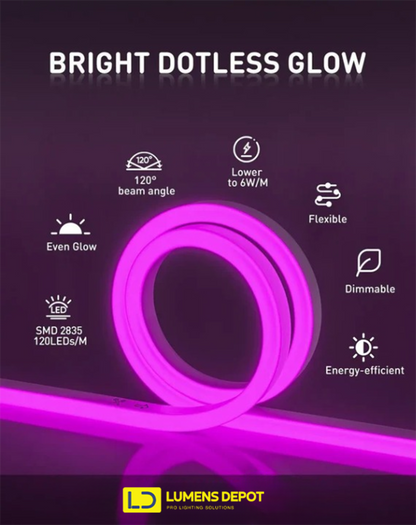 110V-120V Purple Neon LED Rope Light - 8mmX16mm,Commercial Grade, IP65, 6 Watts/M -Cuttable, dimmable, could be hardwired ETL Listed- Plug and Play