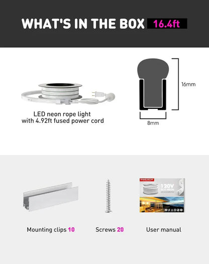 110V-120V Purple Neon LED Rope Light - 8mmX16mm,Commercial Grade, IP65, 6 Watts/M -Cuttable, dimmable, could be hardwired ETL Listed- Plug and Play