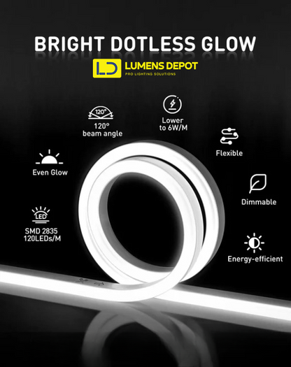 110V-120V Cool White (6000K) Neon LED Rope Light - 8mmX16mm,Commercial Grade, IP65, 189 LM/M -Cuttable, dimmable - Plug and Play and Hardwired