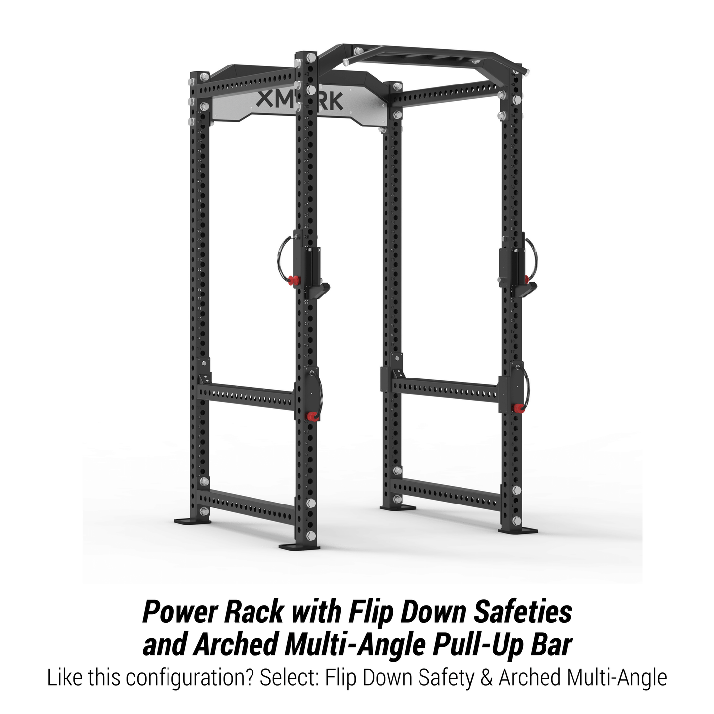XMARK Viper Power Rack with flip down safeties and arched multi-angle pull-up bar for versatile home workouts.
