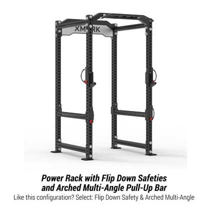 XMARK Viper Power Rack with flip down safeties and arched multi-angle pull-up bar for versatile home workouts.