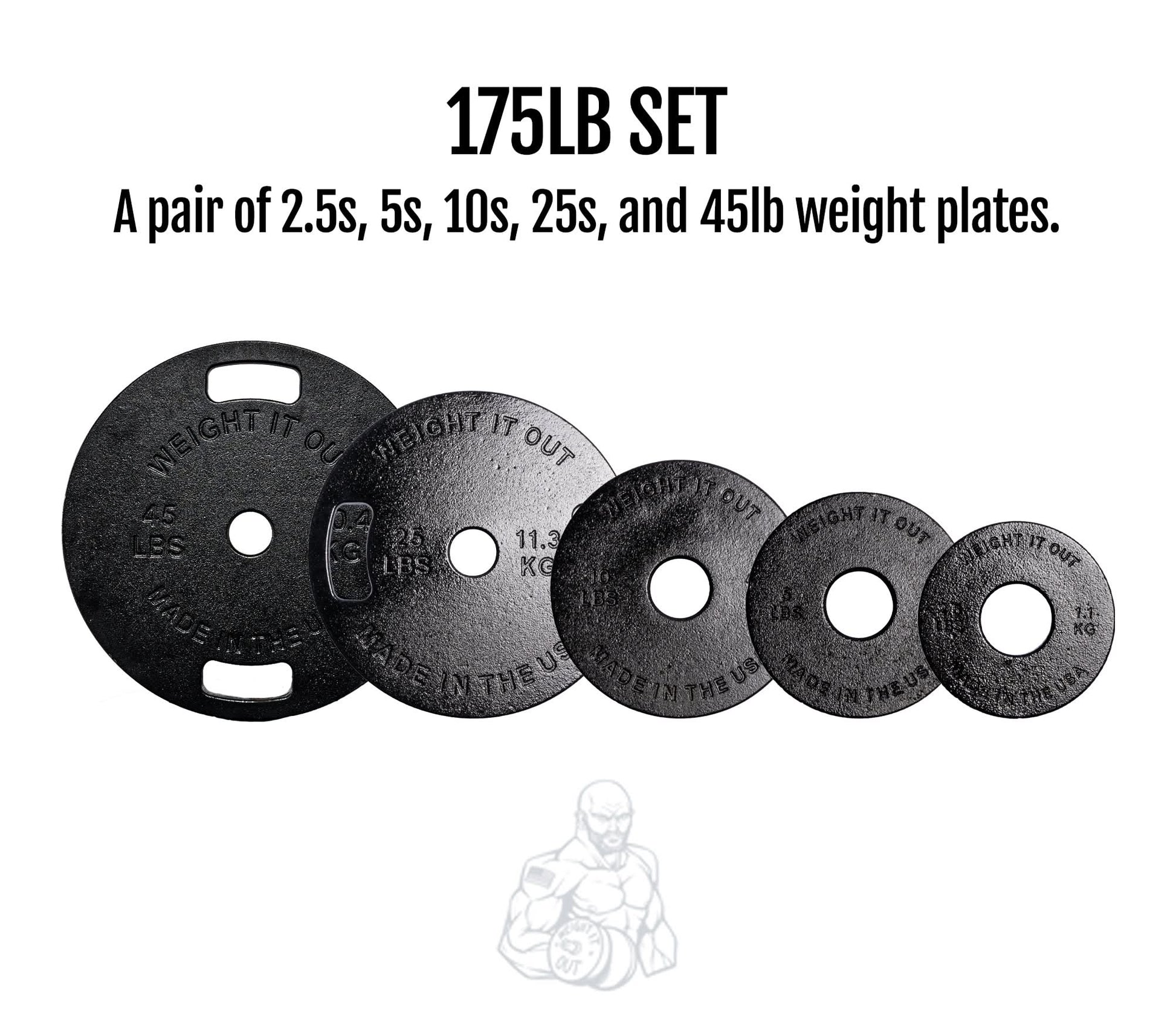 Cast Iron Machined Weight Plate Sets - front view layout with description (175lb set)