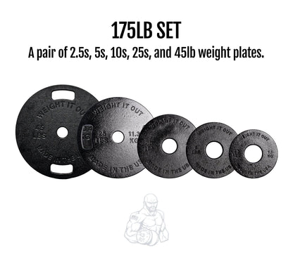 Cast Iron Machined Weight Plate Sets - front view layout with description (175lb set)