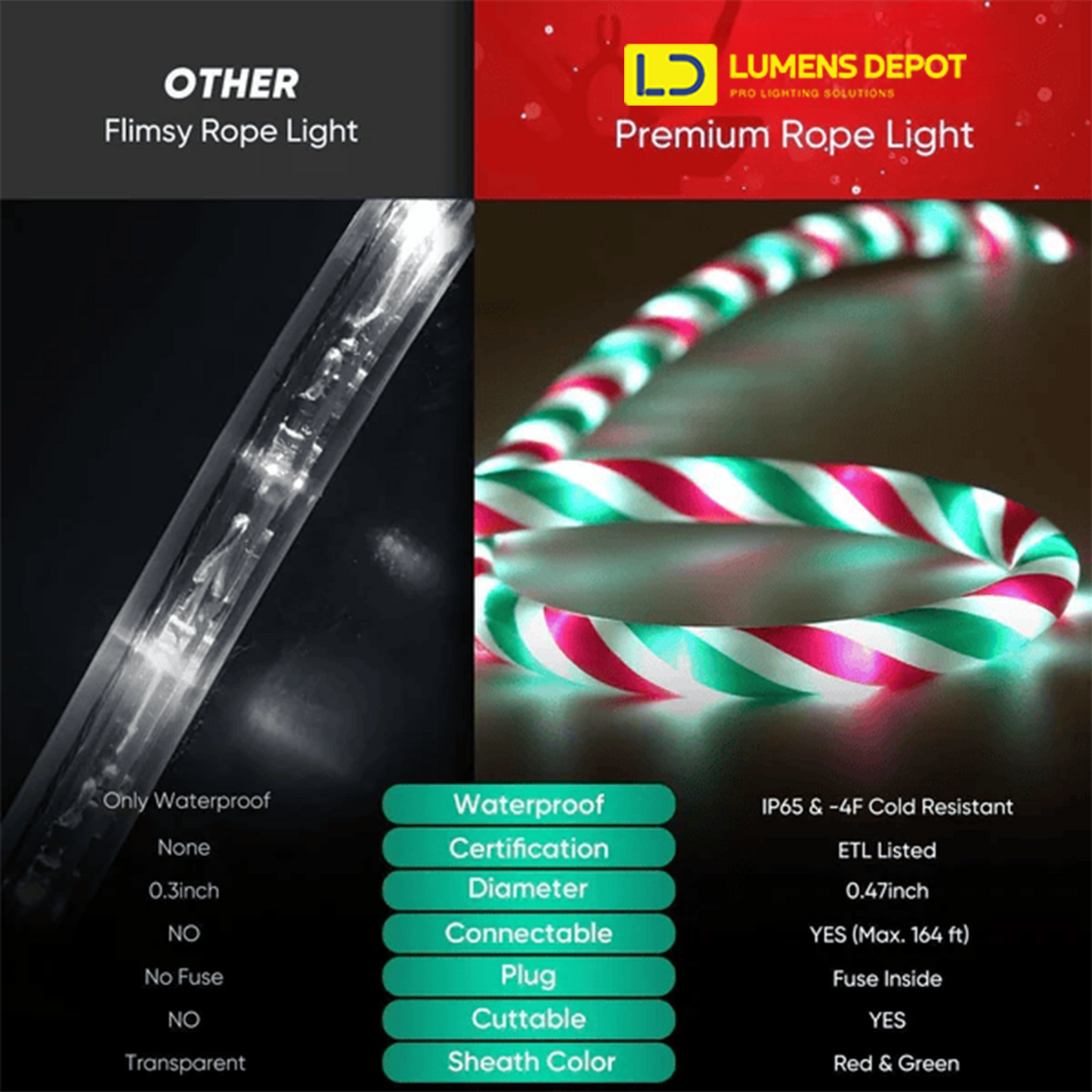 110V Candy Cane Christmas Rope Light White Red Green 11000K