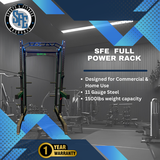 SFE Commercial Full Power Rack (Squat Rack) with Weight Storage - front view with specifications