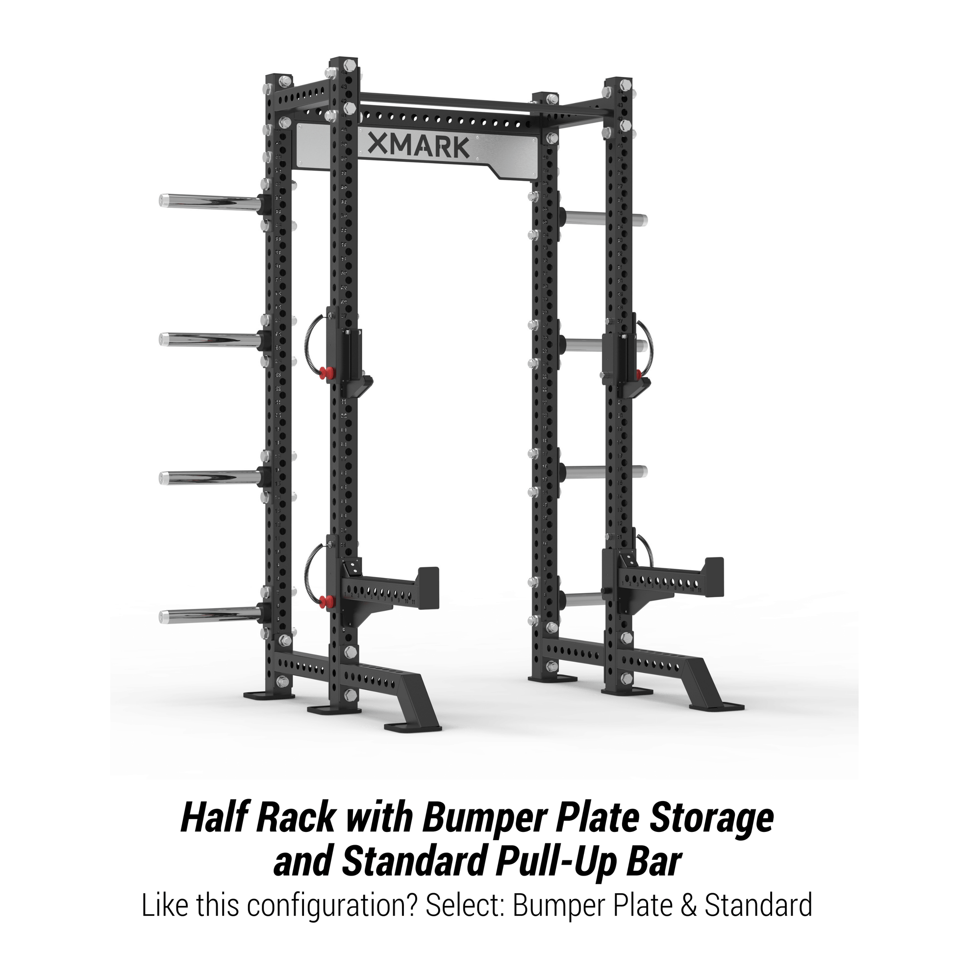 Viper Half Power Rack featuring bumper plate storage and standard pull-up bar, designed for home gym safety and customization.