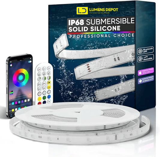 24V IP68 LED Strip Light – Smart RGB Submersible Pool Light Strips, 4mm x 12mm, 1-10V Dimmable, Remote & Bluetooth App Control, ETL Listed, 2W/M