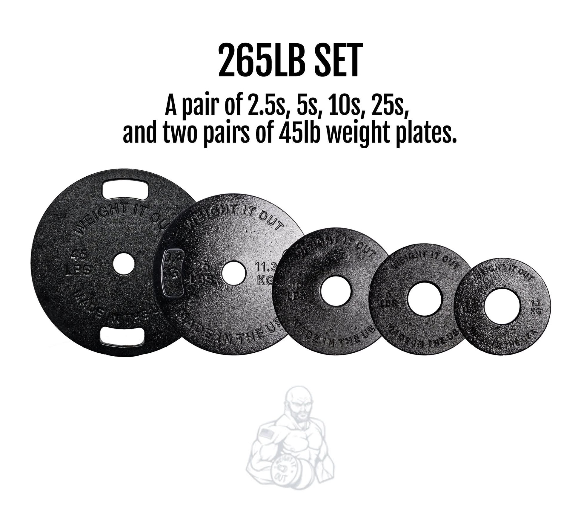 Cast Iron Machined Weight Plate Sets - front view layout with description (265lb set)